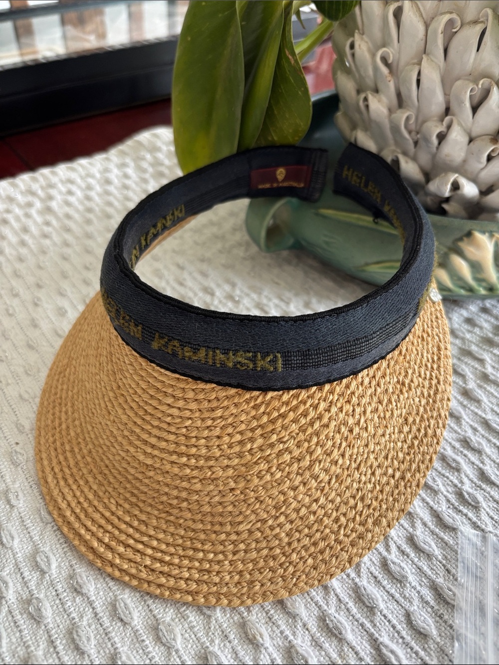 Helen Kaminski Bianca Tan Straw Visor with Black Branded Band